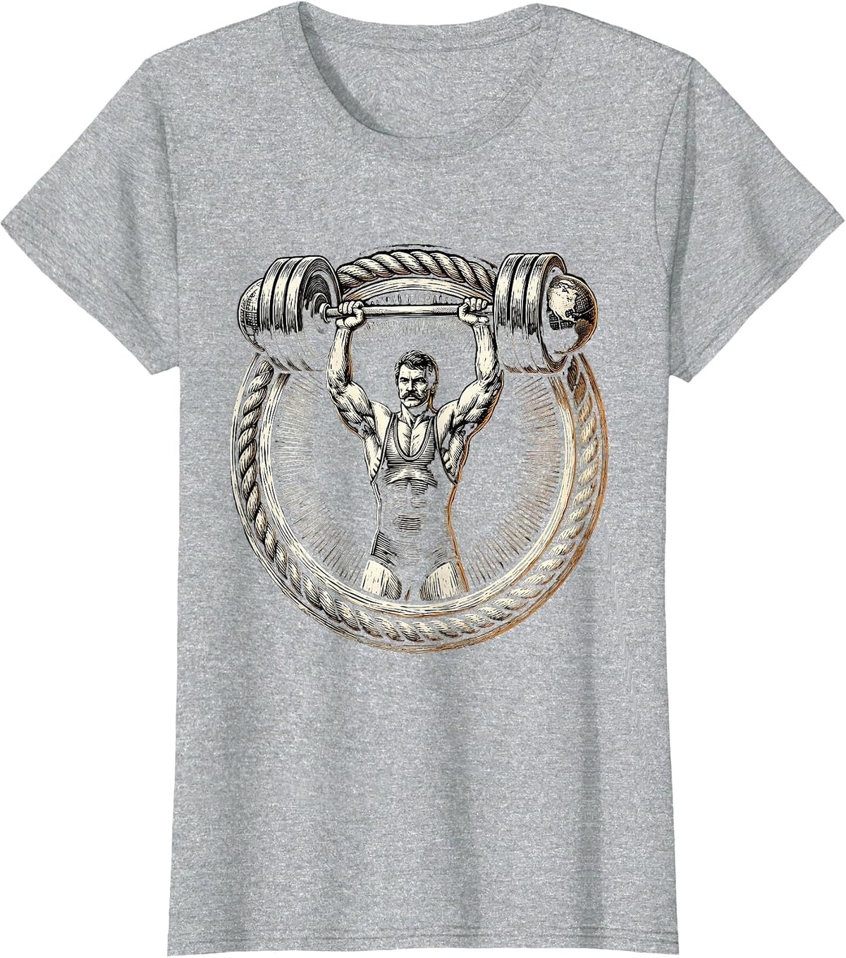 Retro Strongman Mustachioed Dumbbell Lifter T-Shirt - Heather Grey