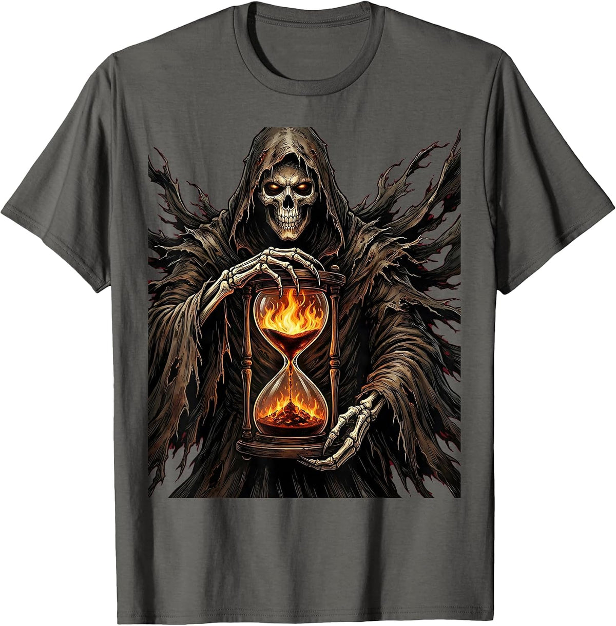 Men's Grim Reaper Hourglass of Fire Gothic Metal Art T-Shirt - Asphalt Grey