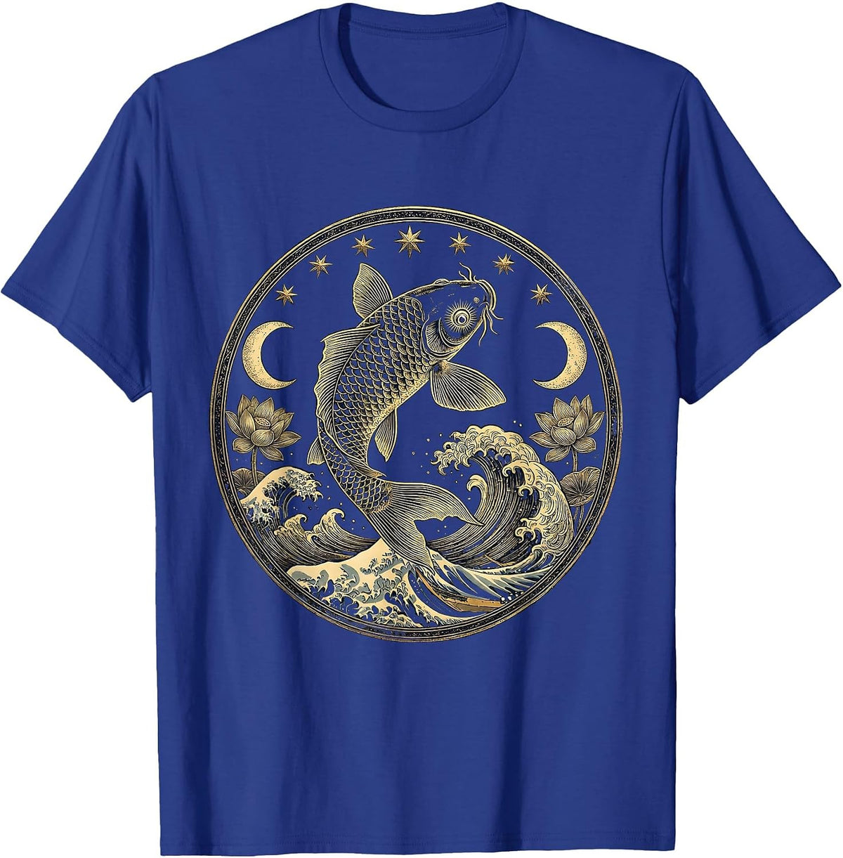 Men's Koi Fish Leaping Over Crashing Wave Japanese Art T-Shirt - Royal Blue