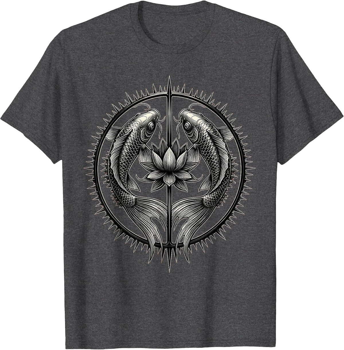 Men's Koi Fish Leaping Through Lotus Flowers Tattoo Art T-Shirt - Dark Heather Grey