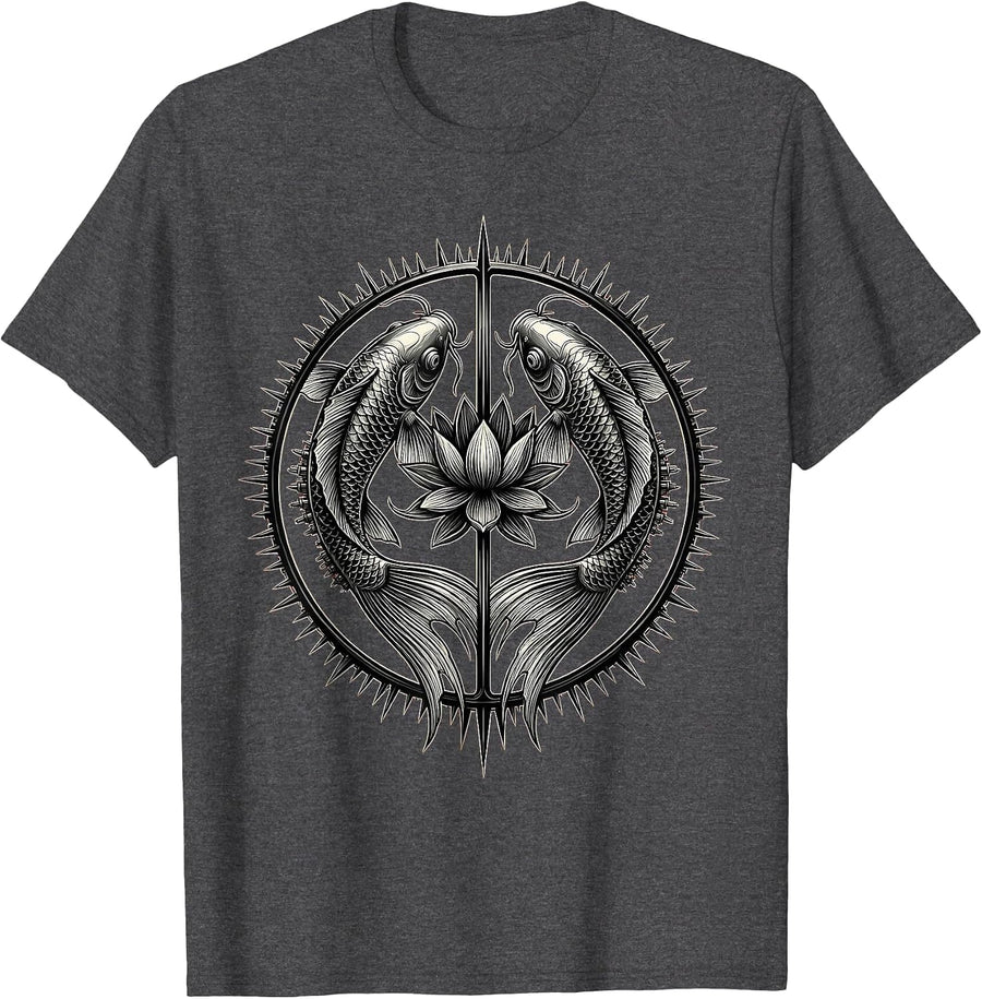 Men's Koi Fish Leaping Through Lotus Flowers Tattoo Art T-Shirt - Dark Heather Grey