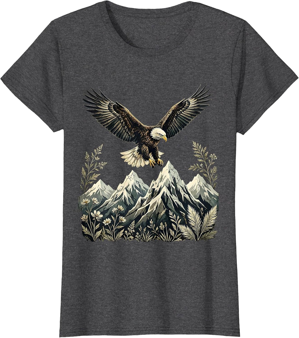 Women's Bald Eagle Soaring Over Snow-Capped Mountains T-Shirt - Dark Heather Grey