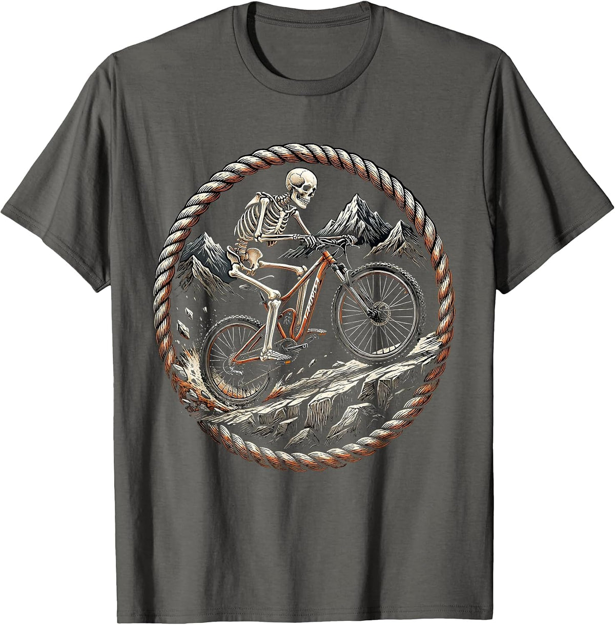 Mountain Biker Skeleton Shredding Rocky Descent T-Shirt - Asphalt Grey