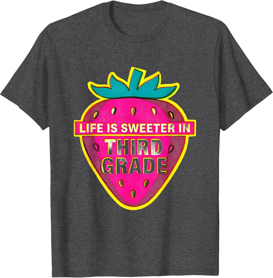 Men's Life Is Sweeter In Third Grade Strawberry Teacher Back T-Shirt - Dark Heather Grey