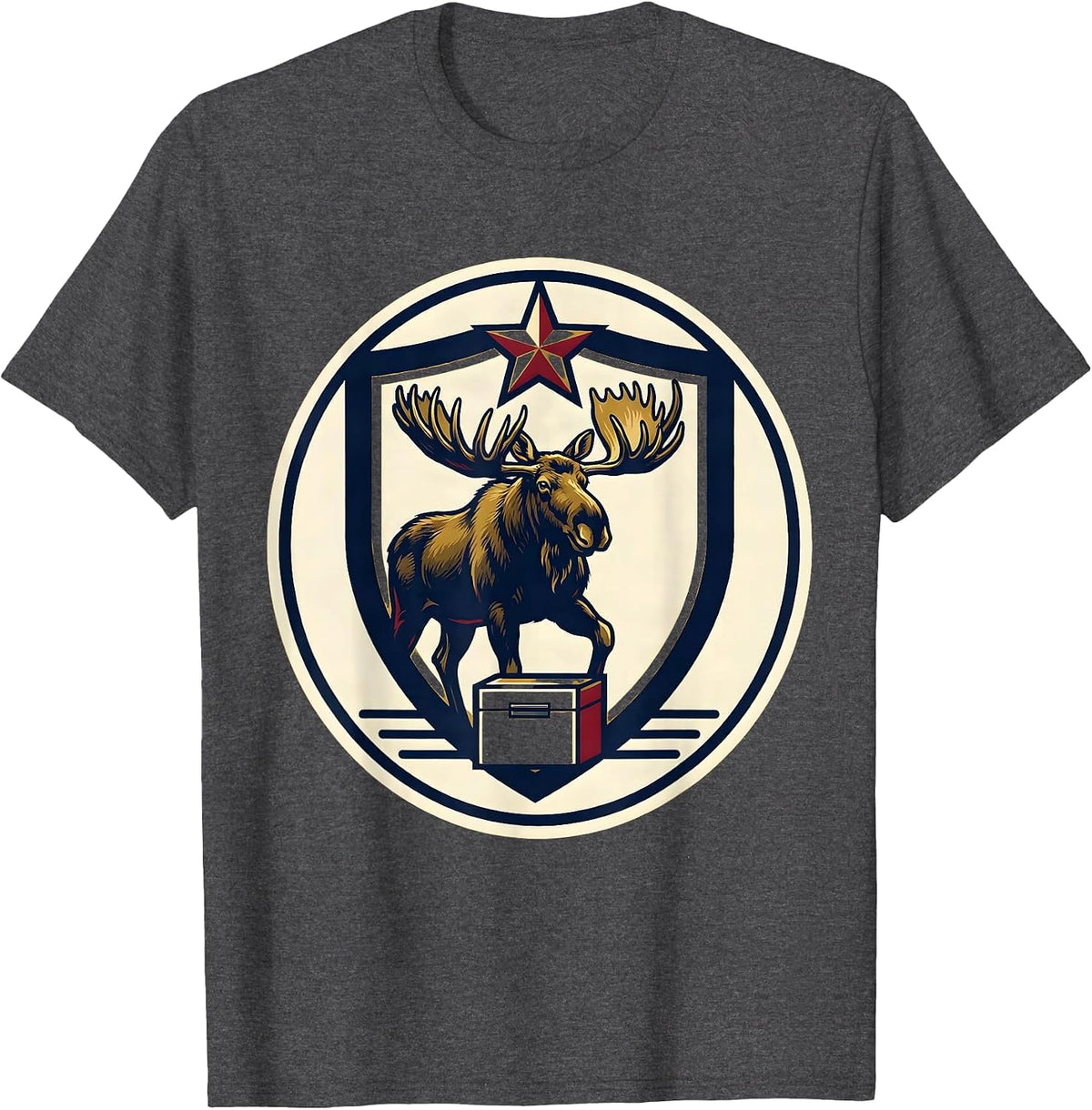 Men's Bull Moose Shield Badge Political Satire History Lover T-Shirt - Dark Heather Grey