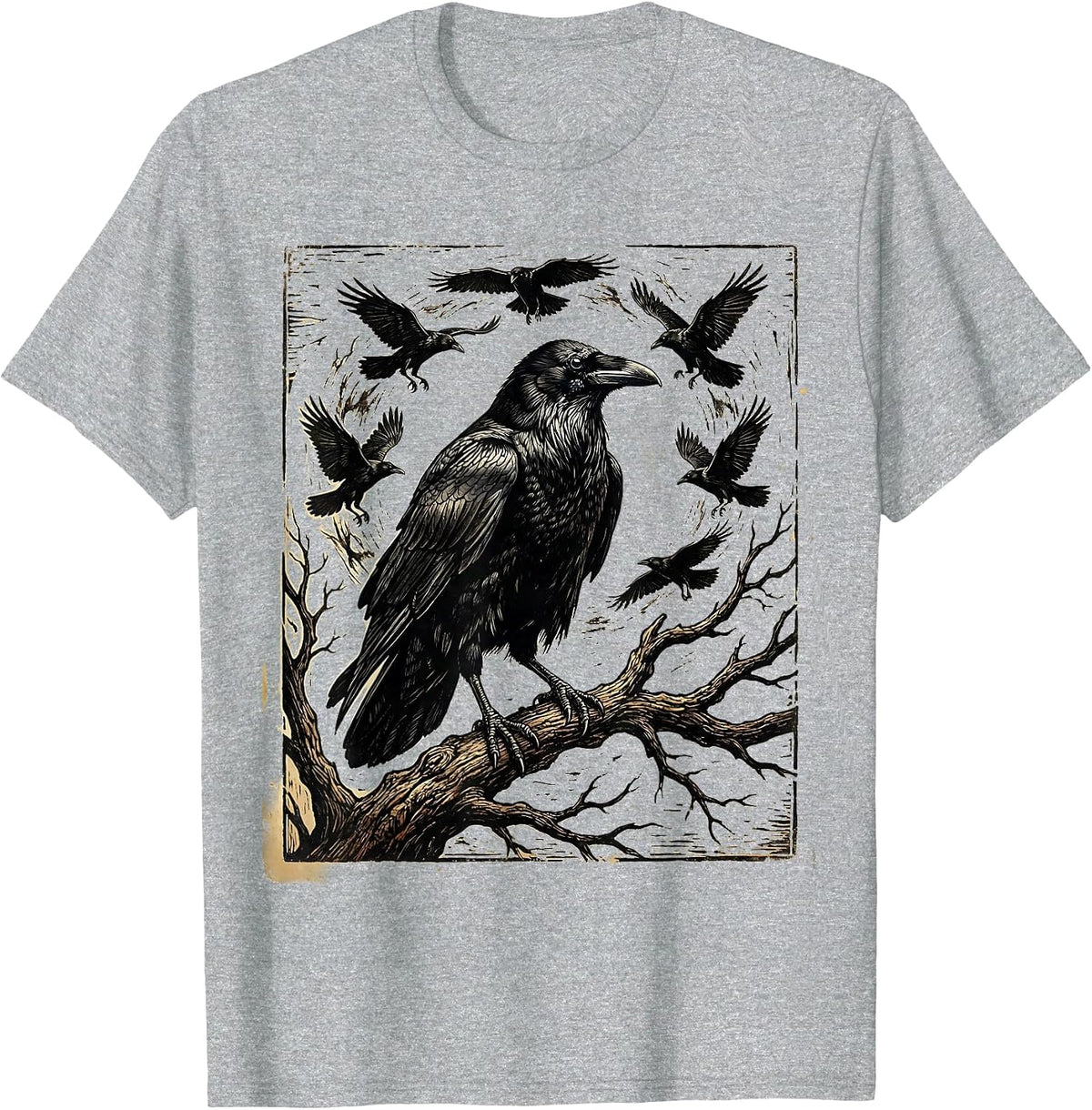 Men's Six Ravens Circling the Seventh Perched Raven T-Shirt - Heather Grey