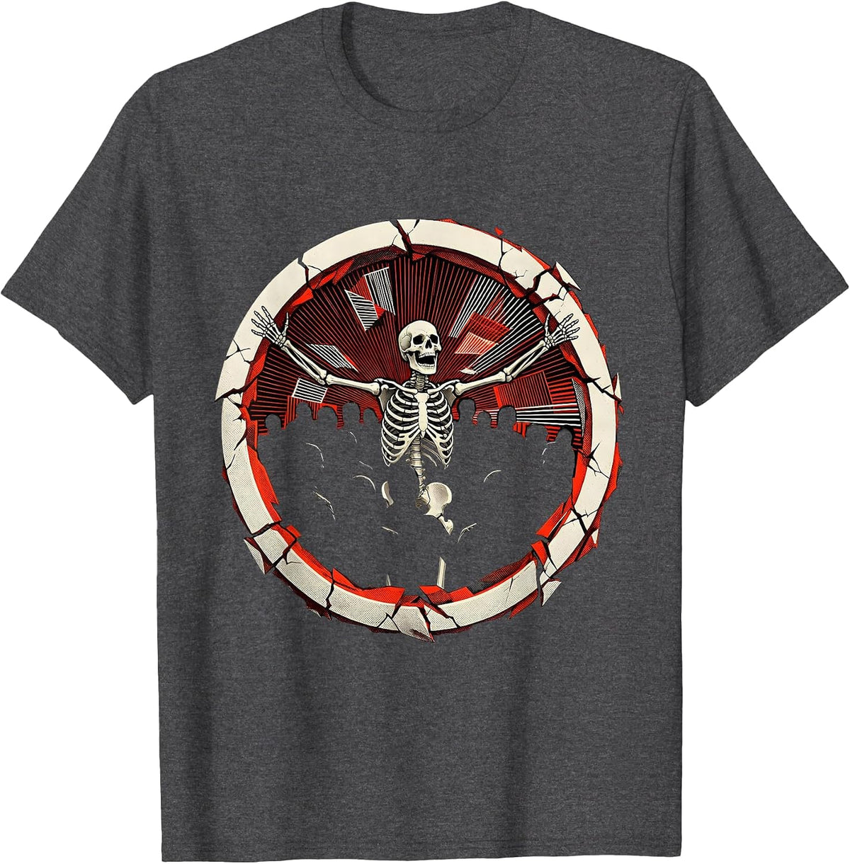 Men's Skeleton Mosh Pit Punk Rock Crowd Illustration T-Shirt - Dark Heather Grey