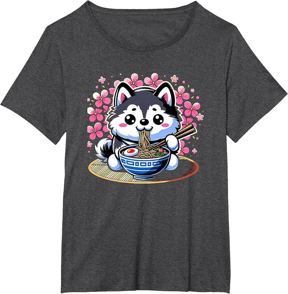 Kawaii Siberian Husky Dog Eating Ramen T-Shirt - Dark Heather Grey