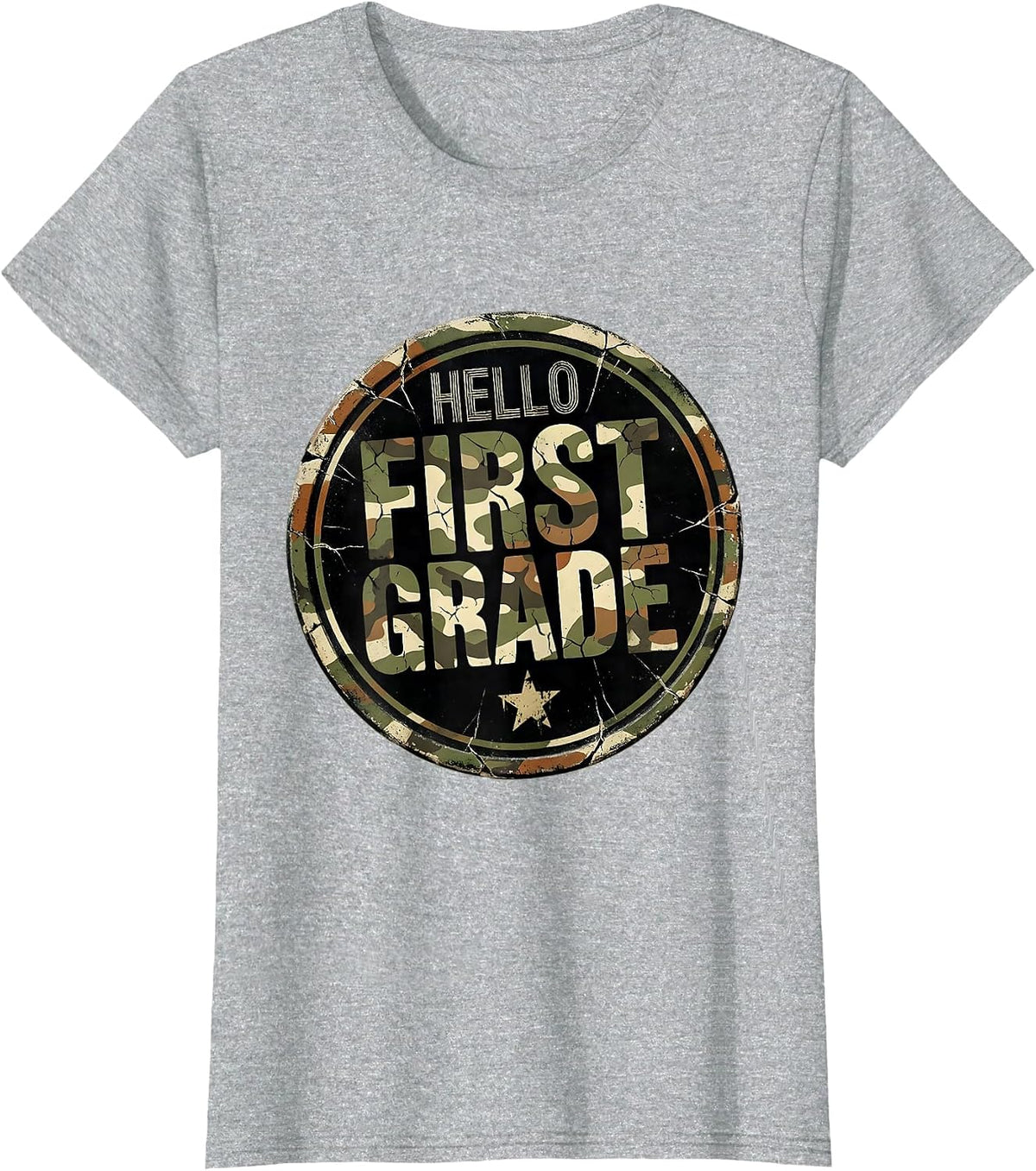 Women's Hello First Grade Distressed Camo First Day Of School Boys T-Shirt - Heather Grey