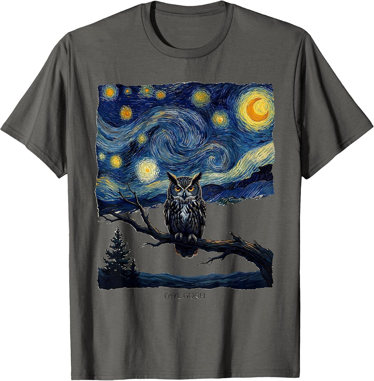 Men's Owl Gogh Whimsical Van Gogh Starry Night Animal Lover T-Shirt - Asphalt Grey