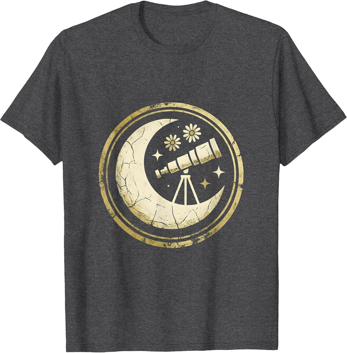 Vintage Telescope Starry Sky Astronomy Illustration T-Shirt - Dark Heather Grey