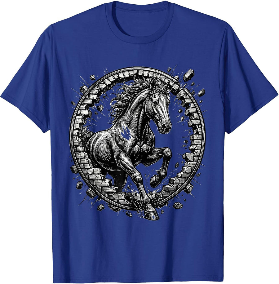 Horse Bursting Through Brick Wall Graphic T-Shirt - Royal Blue