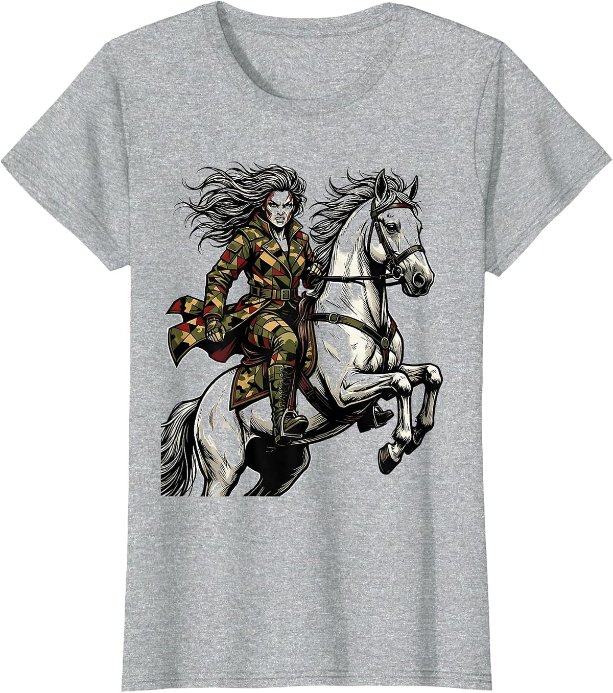 Camo Woman on White Horse Graphic Design T-Shirt - Heather Grey