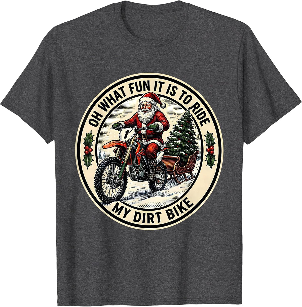 Men's Oh What Fun It Is To Ride My Dirt Bike Woodcut Engraving T-Shirt - Dark Heather Grey