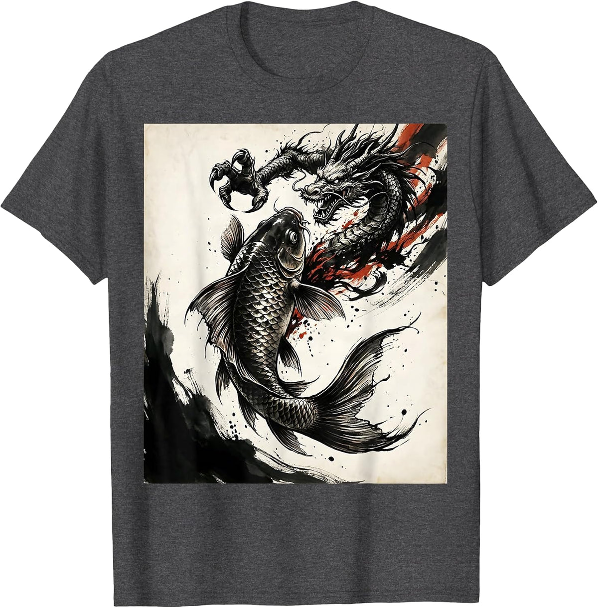 Koi Fish to Dragon Transformation Anime Art T-Shirt - Dark Heather Grey