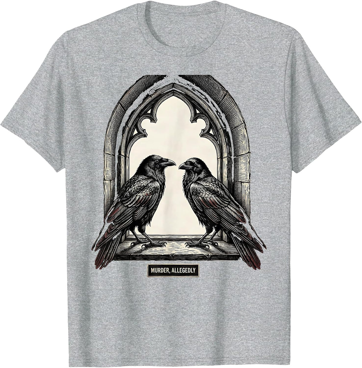 Men's Murder, Allegedly Gothic Crow Humor Literary Pun T-Shirt - Heather Grey