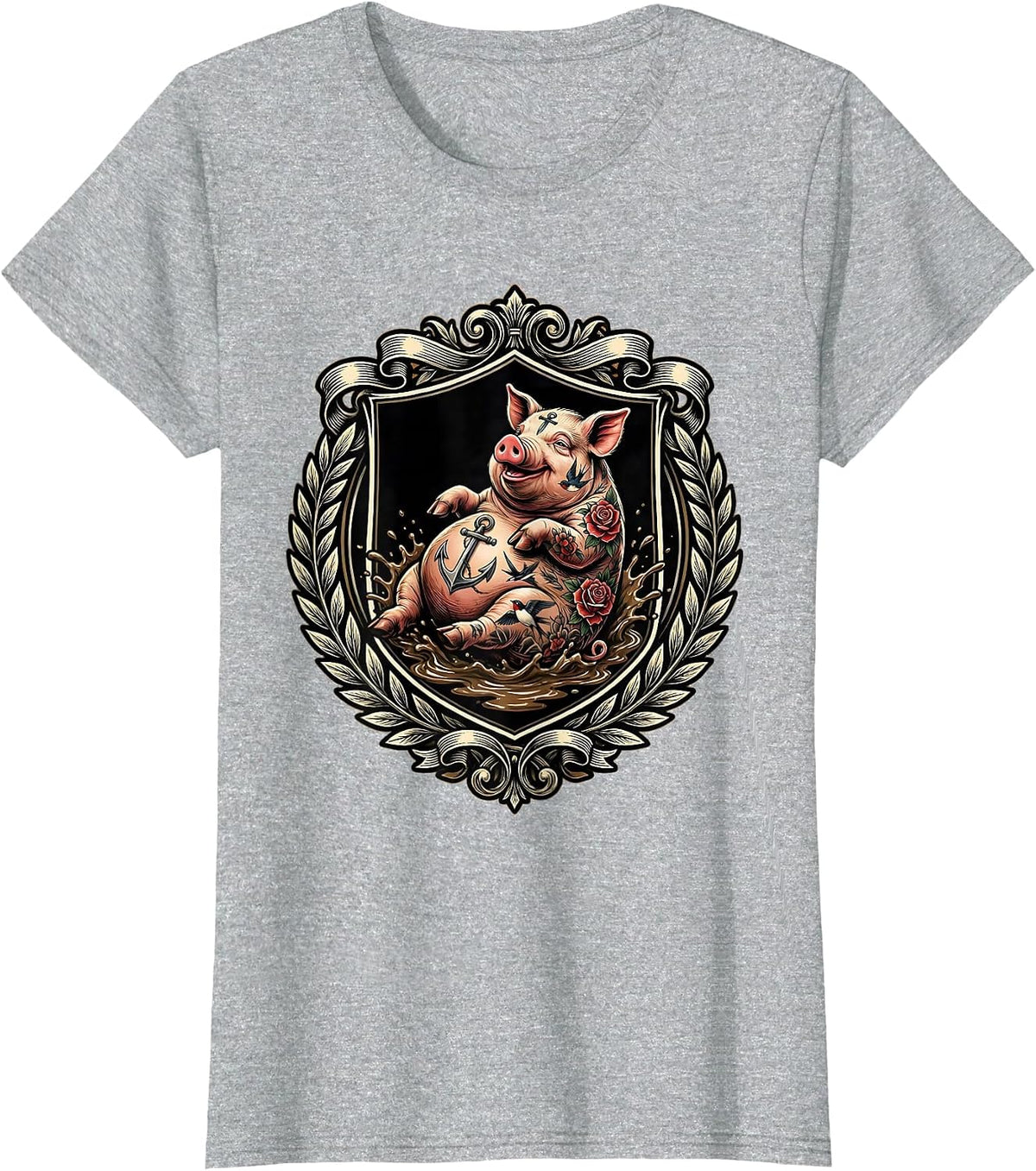 Tattooed Pig Rolling in Mud Funny Graphic T-Shirt - Heather Grey