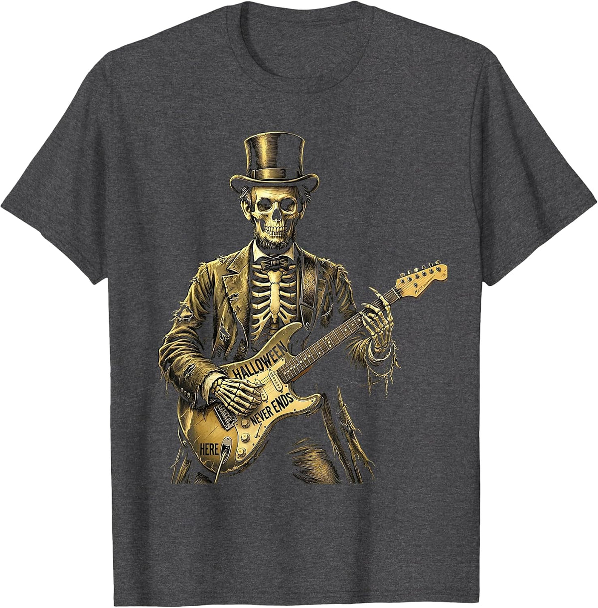 Skeleton Rock Band Halloween Never Ends Design T-Shirt - Dark Heather Grey