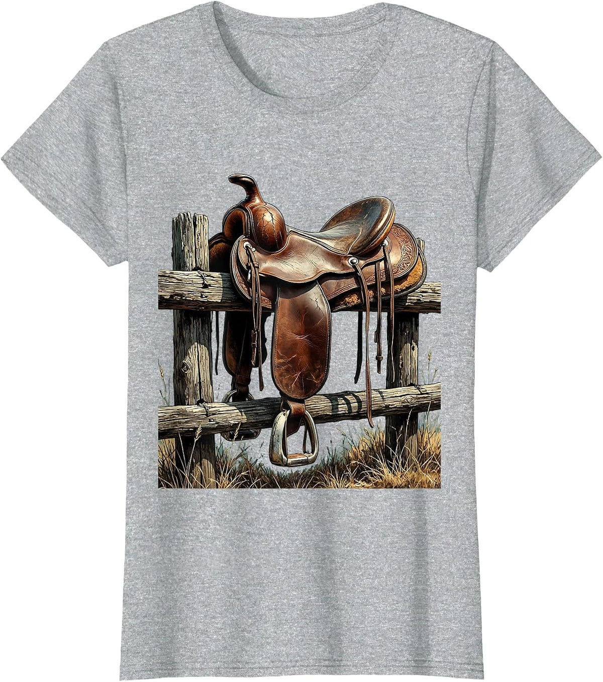 Saddle on Split-Rail Fence Country Western Design T-Shirt - Heather Grey