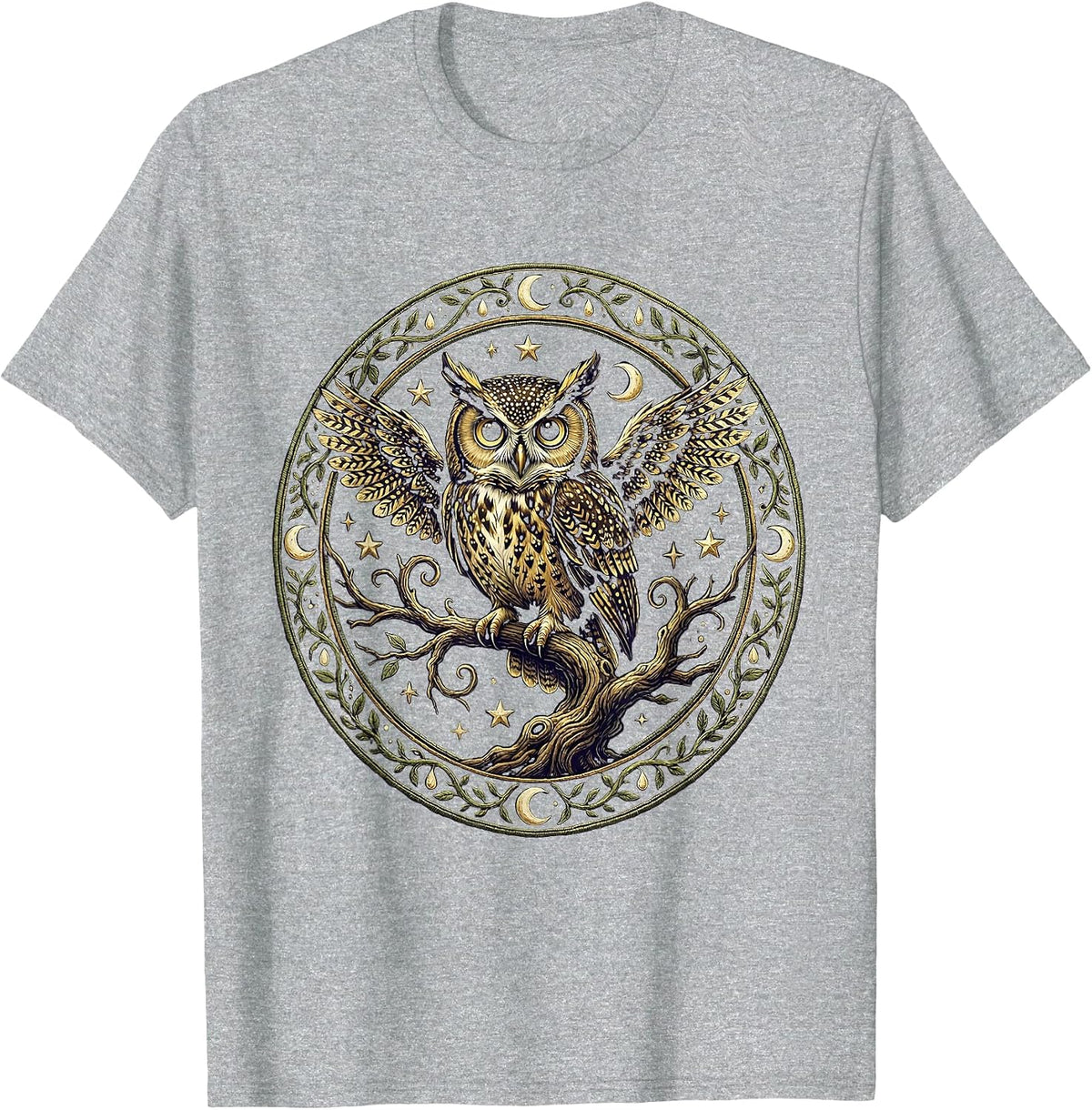 Men's Spooky Owl Glowing Eyes on Branch Halloween Design T-Shirt - Heather Grey