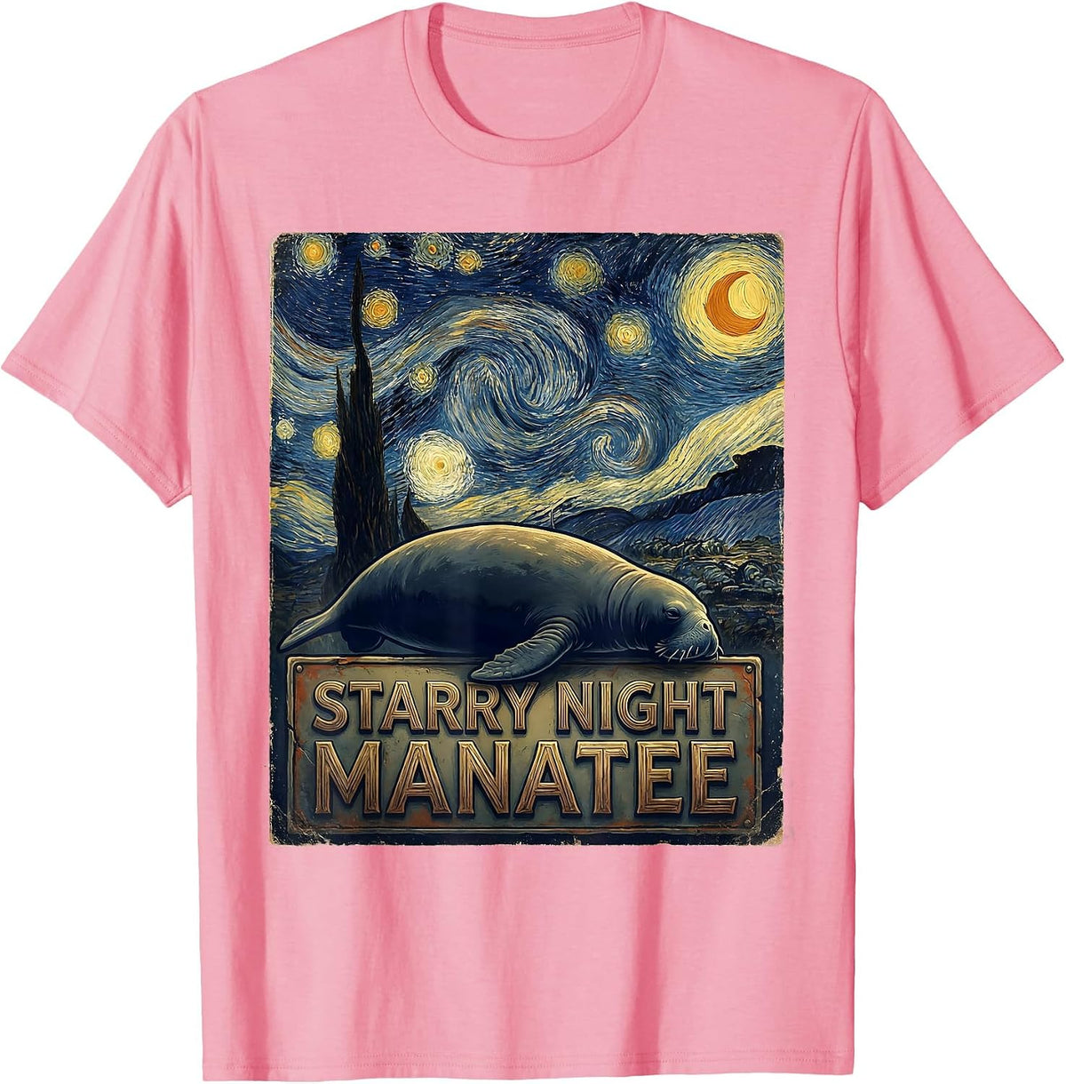 Men's Starry Night Manatee Vintage Art Animal Lover Gift T-Shirt - Pink