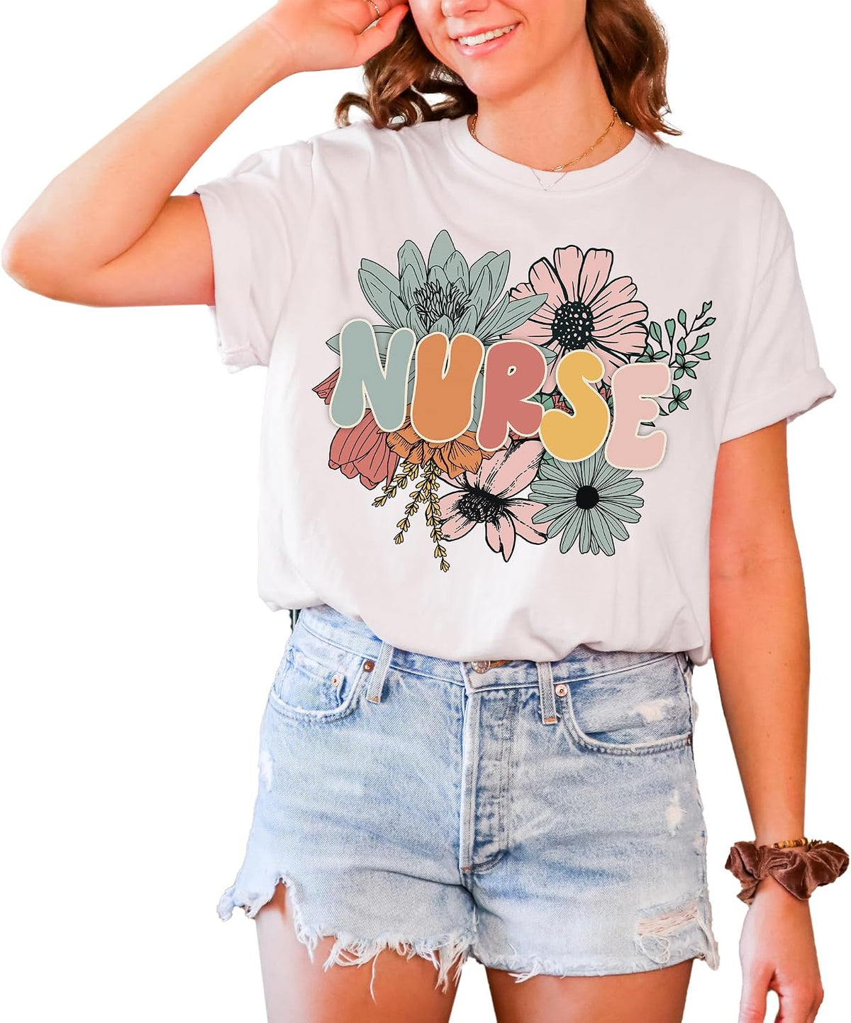 Nurse T-Shirt, Floral Design Retro Look Oversized Unisex Graphic Tee for Nurse, 100% Cotton Premium Quality Best Gift for