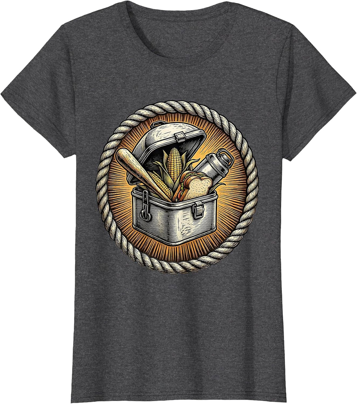 Women's Labor Day Vintage Lunchbox Overflowing Food Graphic T-Shirt - Dark Heather Grey