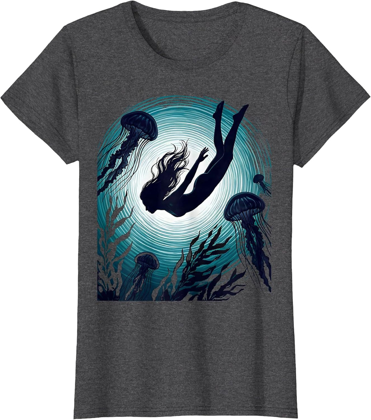 Women's Woman Diving Into Glowing Ocean Graphic Tee T-Shirt - Dark Heather Grey