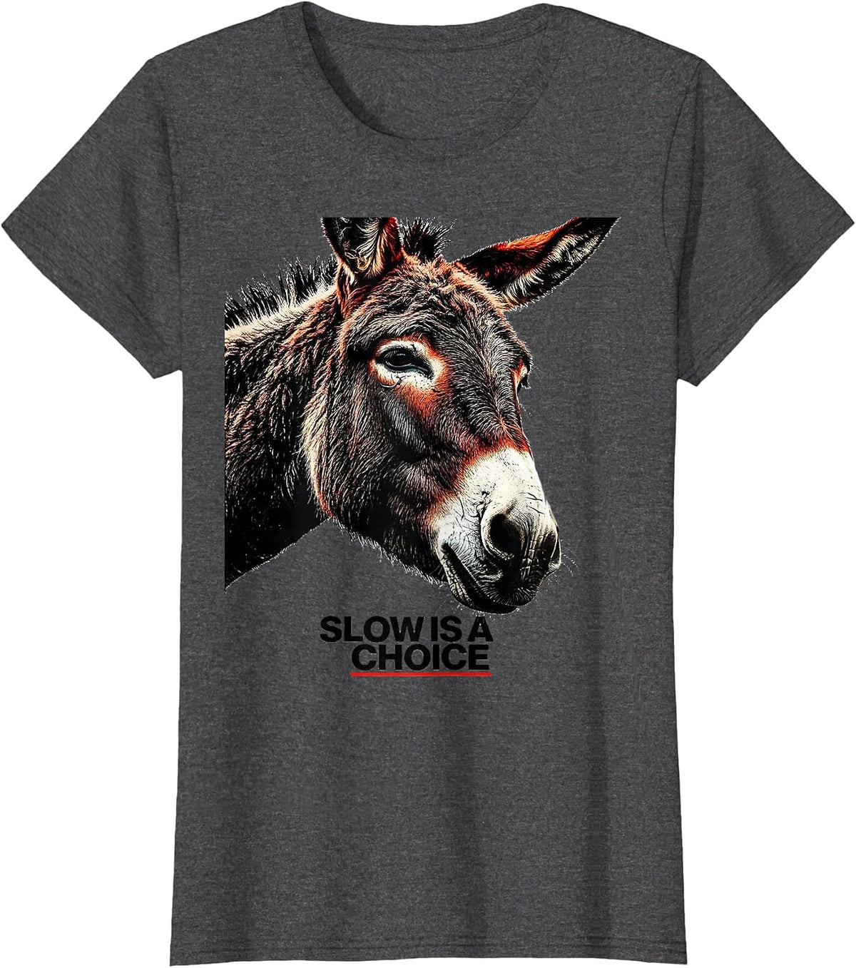 Women's Slow Is A Choice Funny Donkey Farm Animal Quirky Humor T-Shirt - Dark Heather Grey