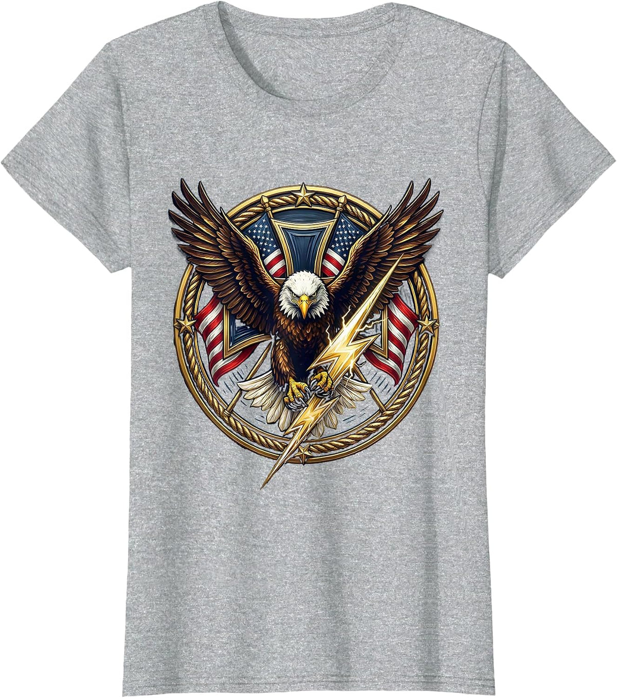 Women's Bald Eagle Lightning Bolt Patriotic Graphic Tee T-Shirt - Heather Grey