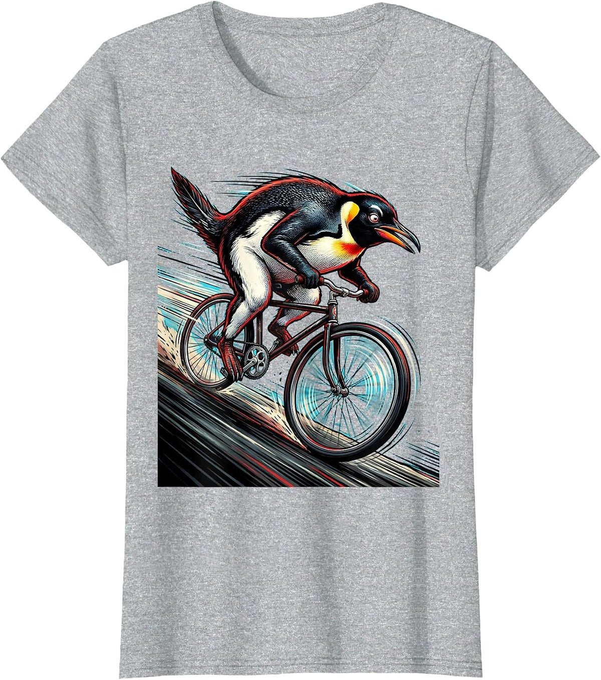 Women's Penguin Downhill Bicycle Rider Graphic Tee T-Shirt - Heather Grey