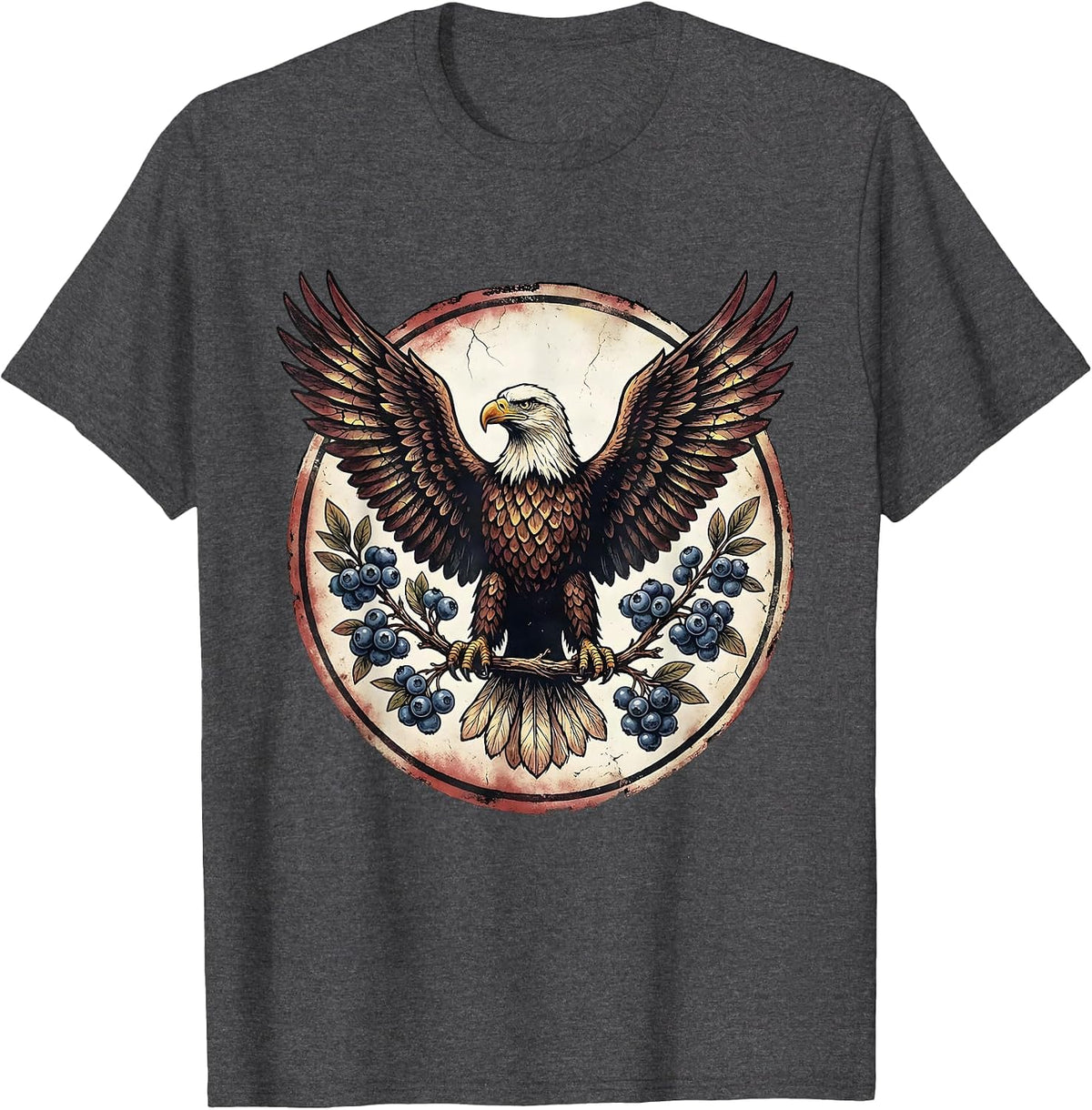 Patriotic Eagle Blueberry Branch Illustration T-Shirt - Dark Heather Grey