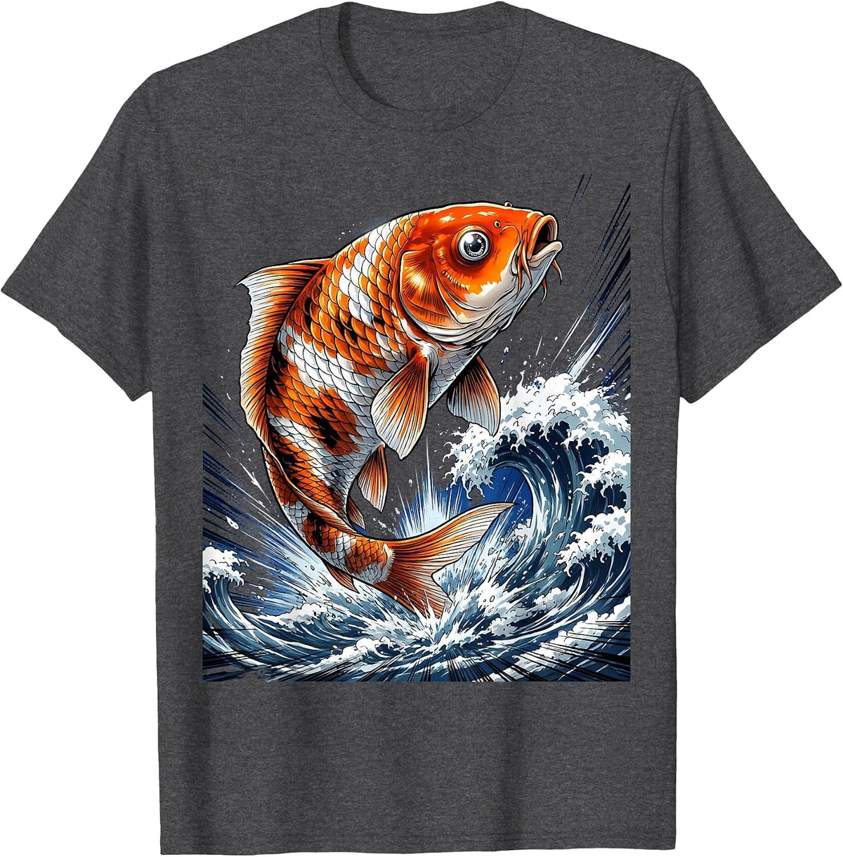 Koi Fish Leaping Through Crashing Wave Art T-Shirt - Dark Heather Grey