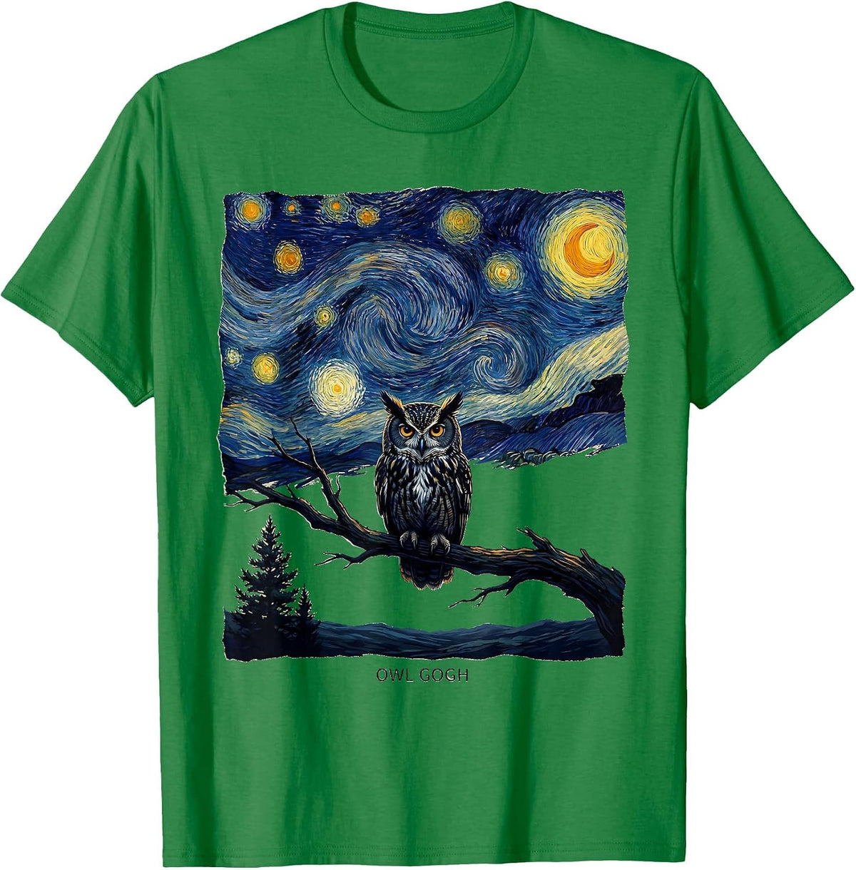 Men's Owl Gogh Whimsical Van Gogh Starry Night Animal Lover T-Shirt - Kelly Green