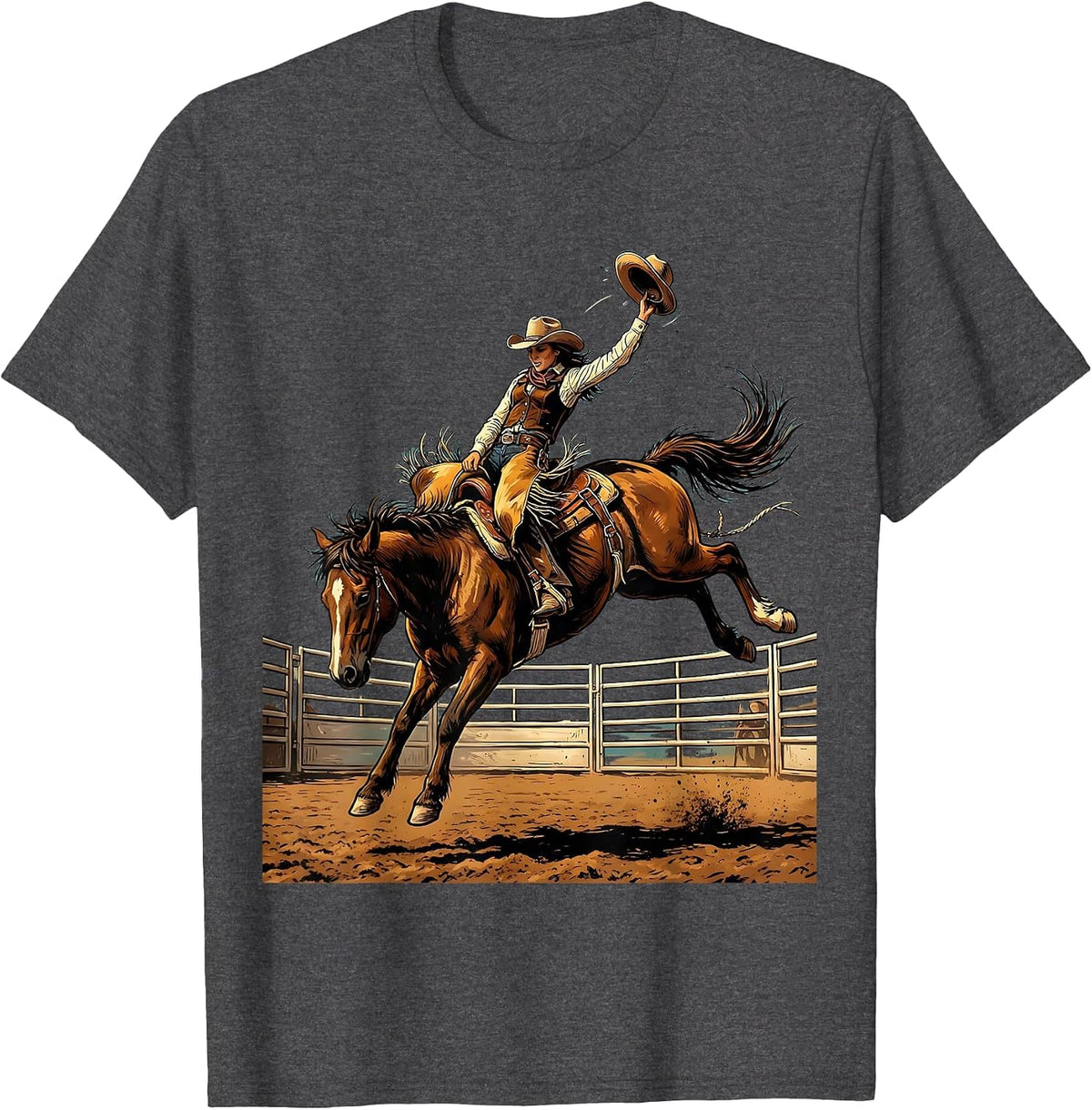 Men's Cowgirl on Bucking Bronco Rodeo Arena Graphic T-Shirt - Dark Heather Grey