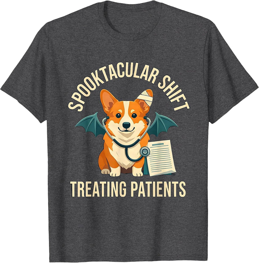 Men's Spooktacular Shift Treating Patients Funny Vet Tech T-Shirt - Dark Heather Grey