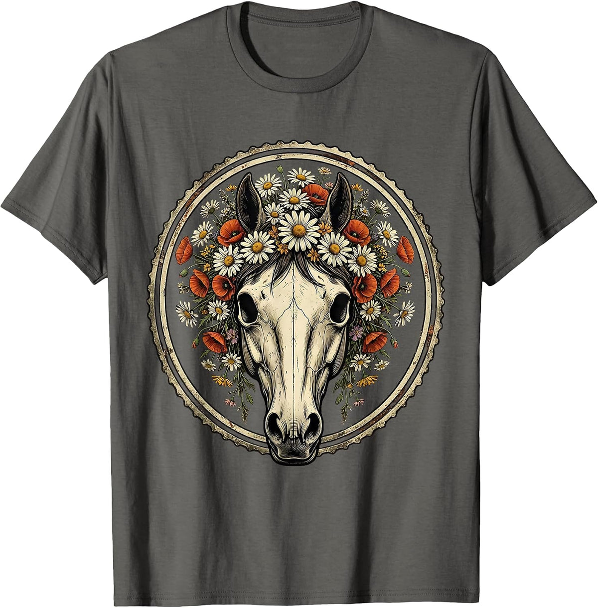Men's Horse Skull Wildflower Crown Botanical Art T-Shirt - Asphalt Grey