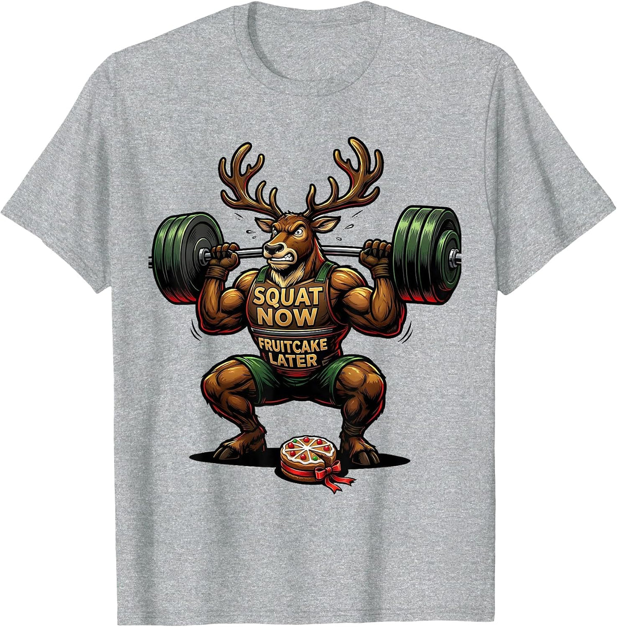 Men's Squat Now, Fruitcake Later Funny Christmas Gym Workout T-Shirt - Heather Grey
