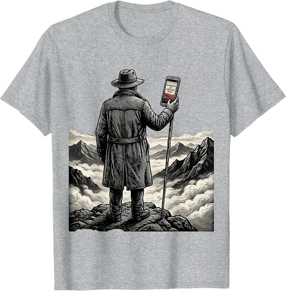 Men's Wanderer On Airplane Mode Woodcut Engraving Art History T-Shirt - Heather Grey