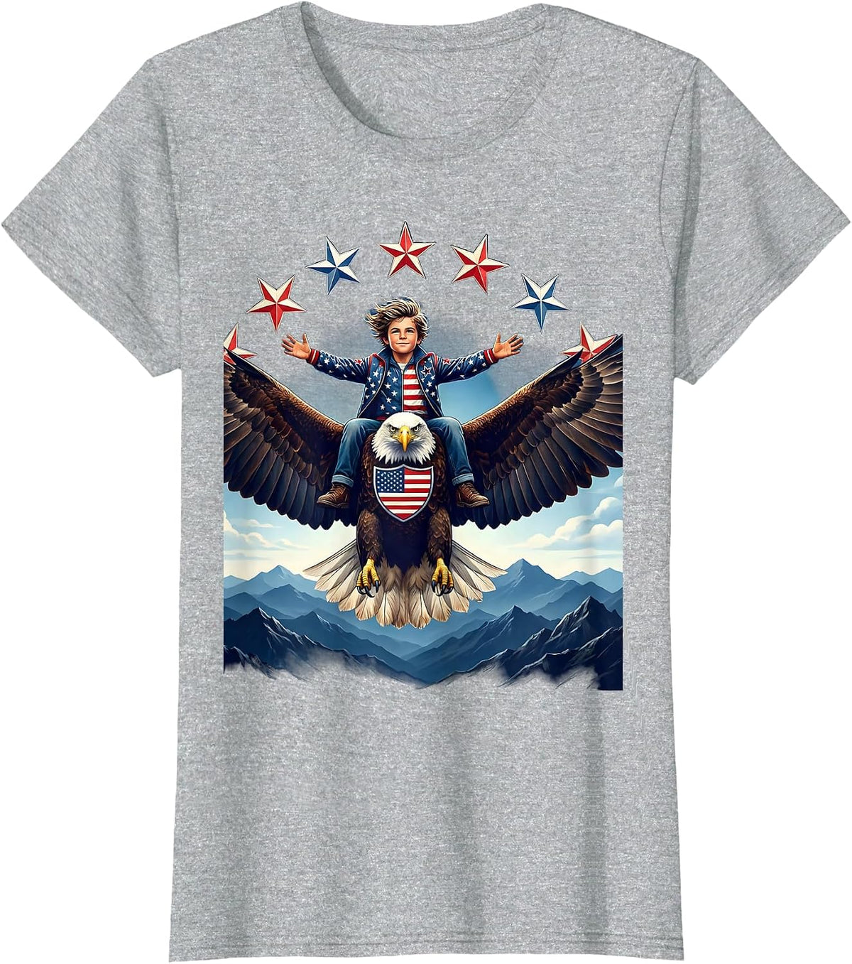 Women's American Flag Bald Eagle Mountain Rider Design T-Shirt - Heather Grey