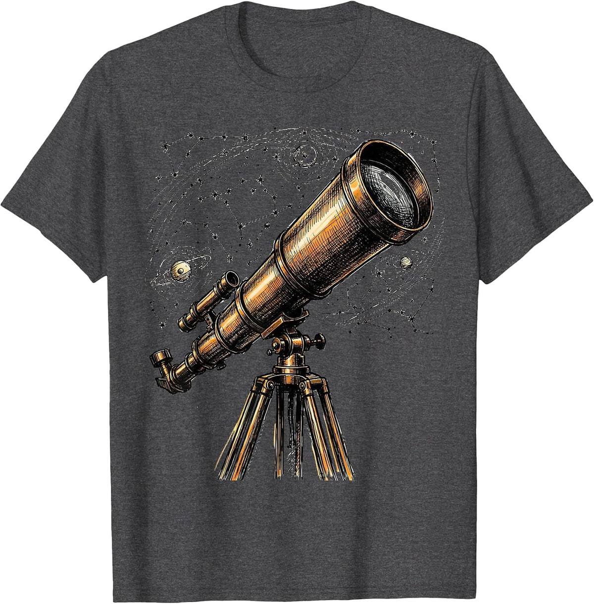 Telescope and Constellation Map Astronomy Art T-Shirt - Dark Heather Grey