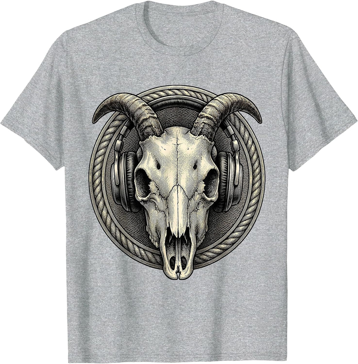 Men's Horned Goat Skull Headphones Metal Band Graphic T-Shirt - Heather Grey