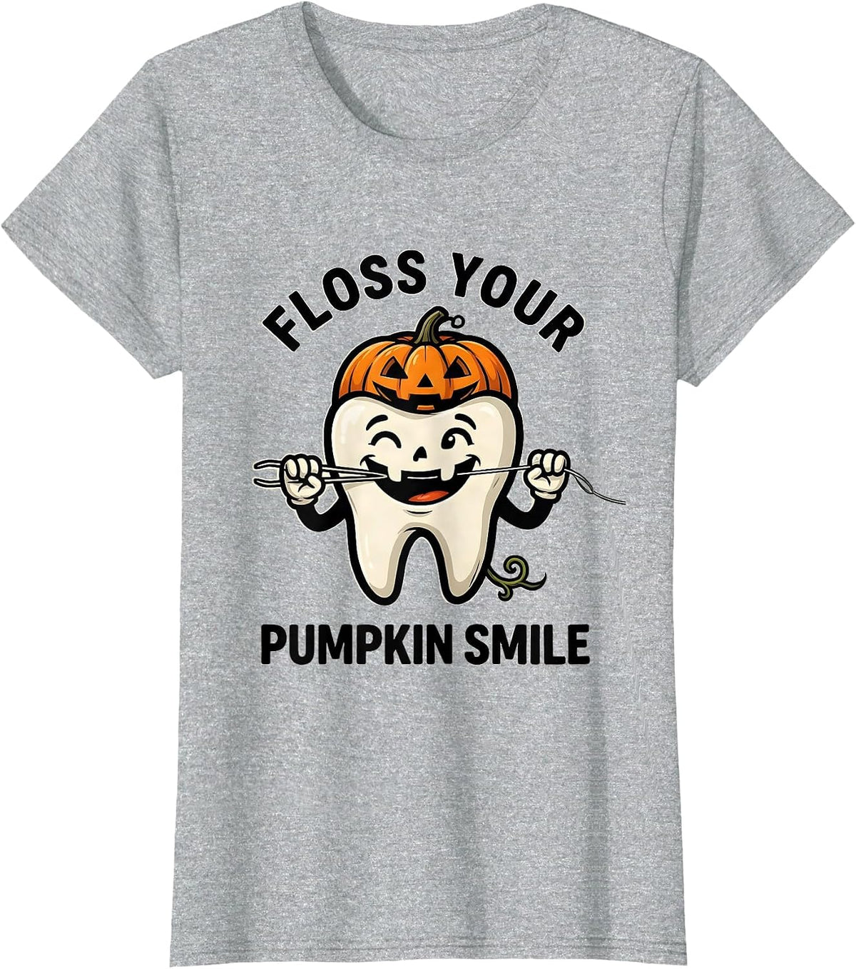 Floss Your Pumpkin Smile Cartoon Dental Hygienist Halloween T-Shirt - Heather Grey