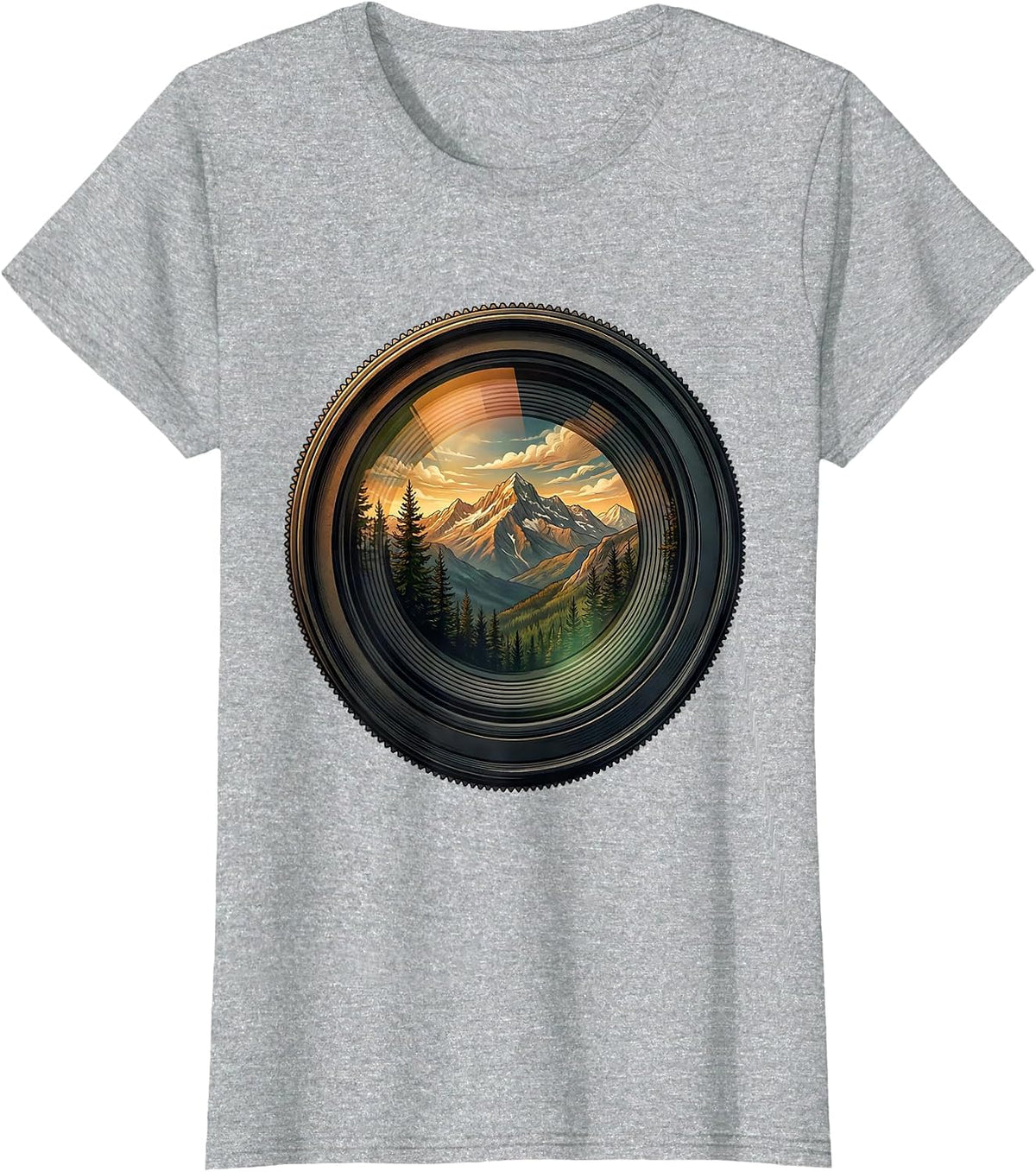 Camera Lens Mountain Landscape Photography Art T-Shirt - Heather Grey