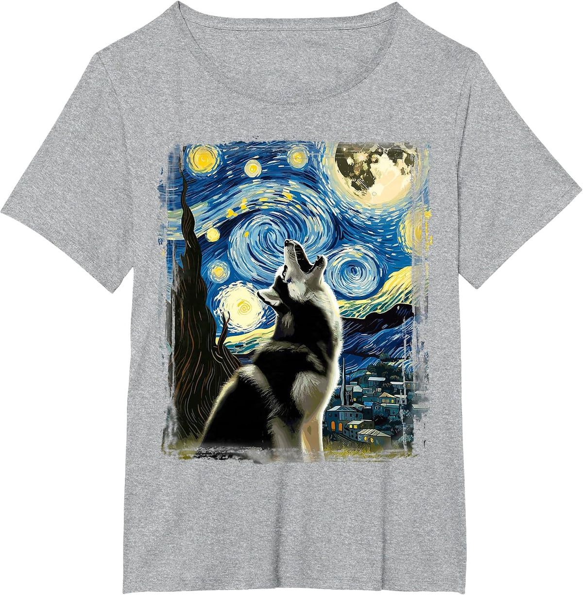 Siberian Husky Dog Art Van Gogh Starry Night Siberian Husky T-Shirt - Heather Grey