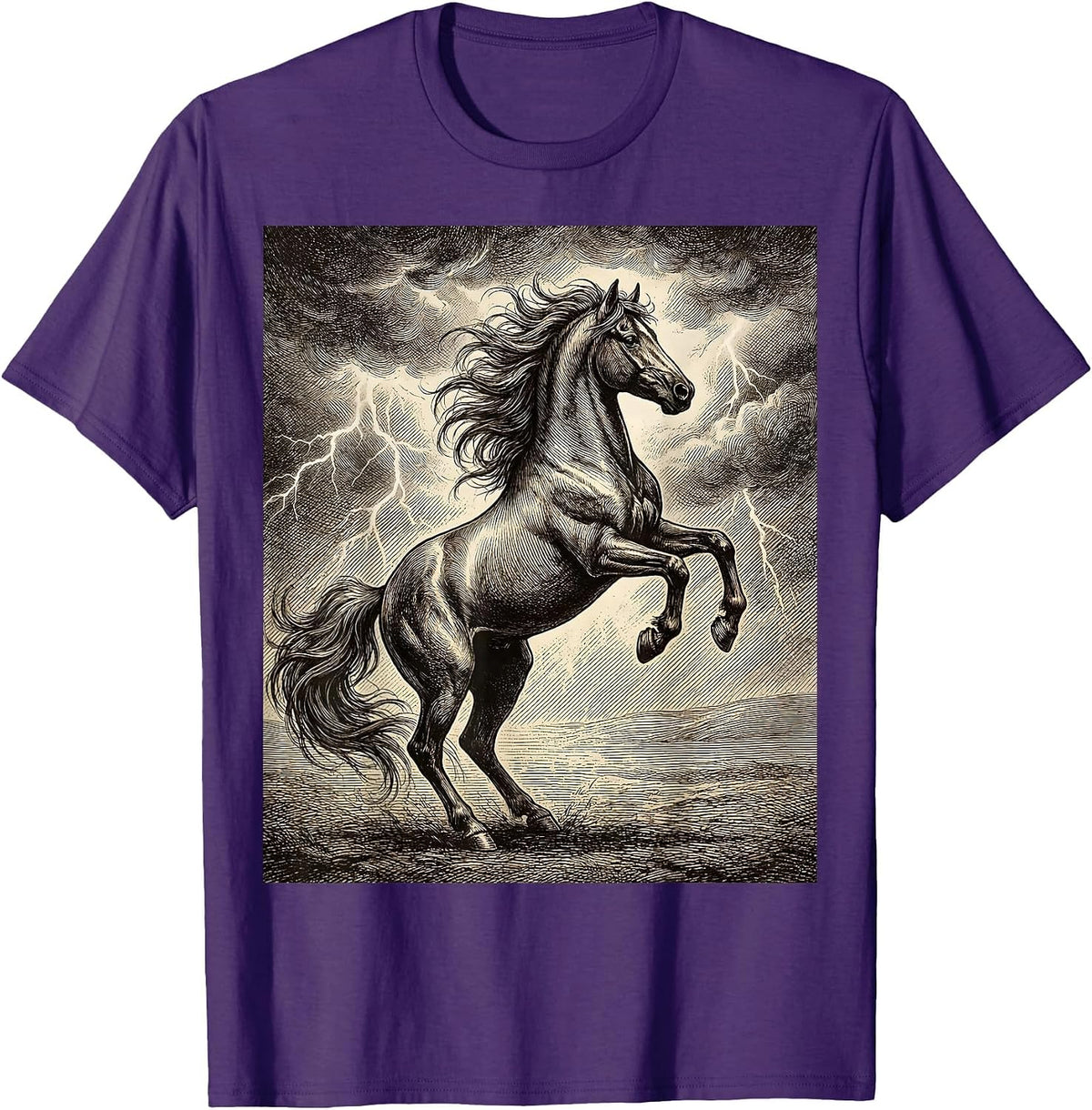 Wild Stallion Rearing Storm Sky Horse Graphic T-Shirt - Purple