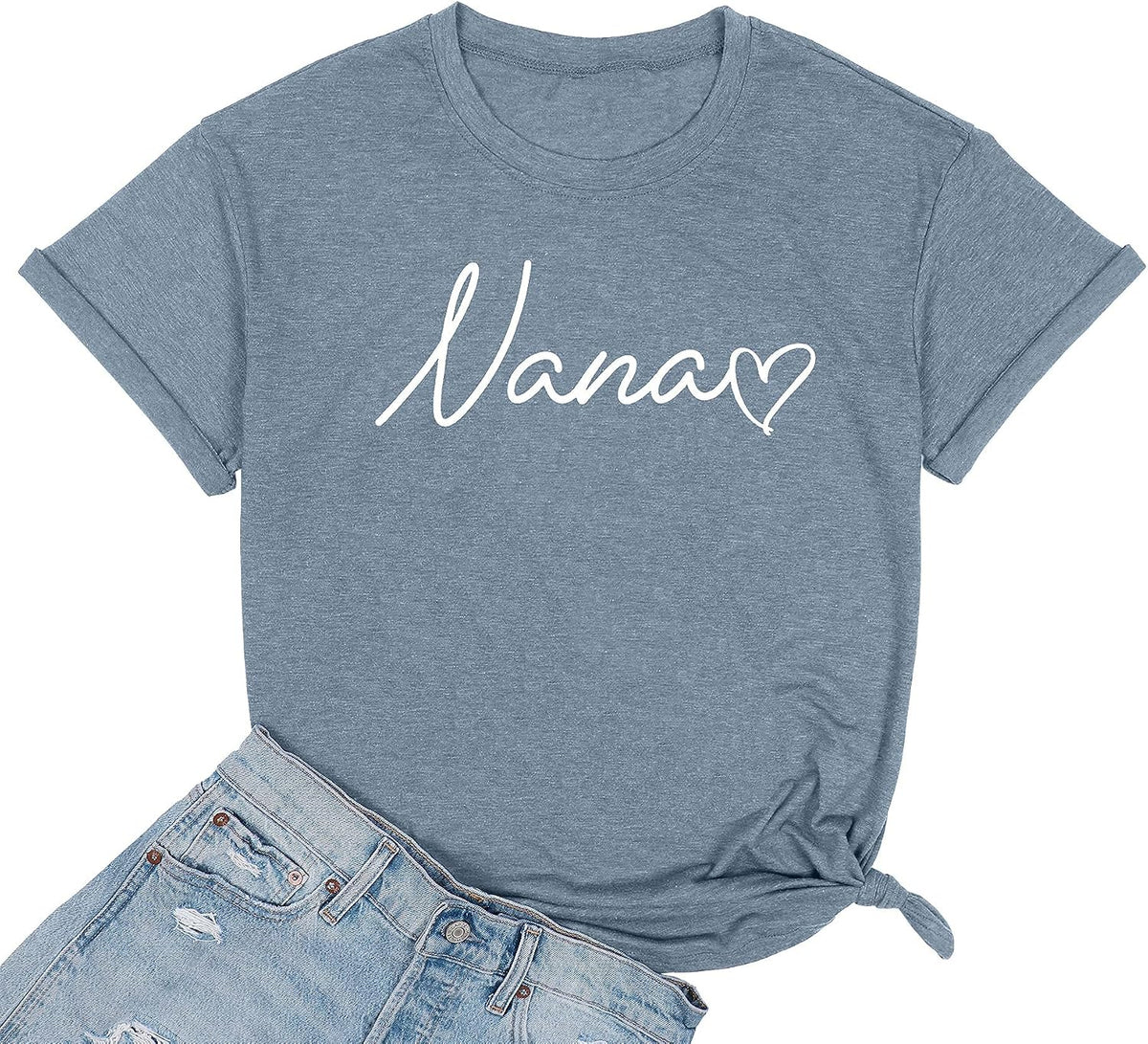 Nana T Shirt Women Funny Letter Print Love Heart Graphic Grandma Gift Tops Tees Casual Short Sleeve Shirts Top - Light Blue