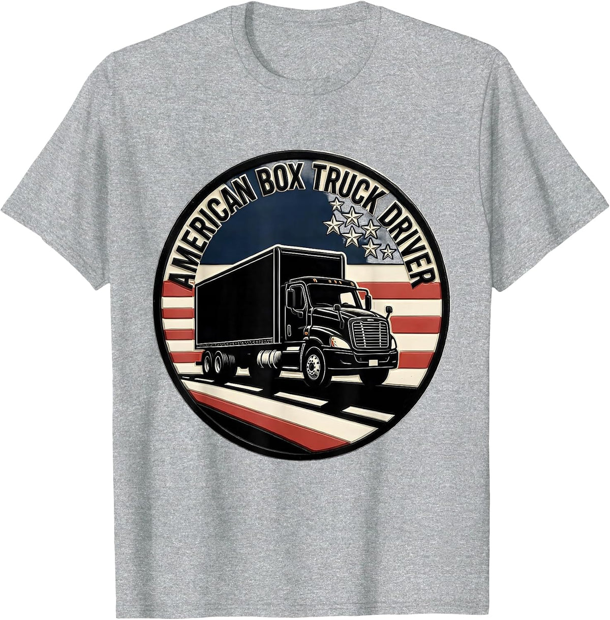 Men's American Box Truck Driver Patriotic Trucker Pride Linocut T-Shirt - Heather Grey