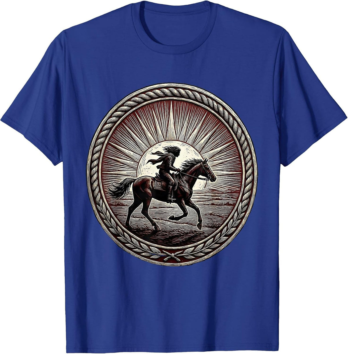 Red Freedom Lone Rider Horseback Sunset Design T-Shirt - Royal Blue
