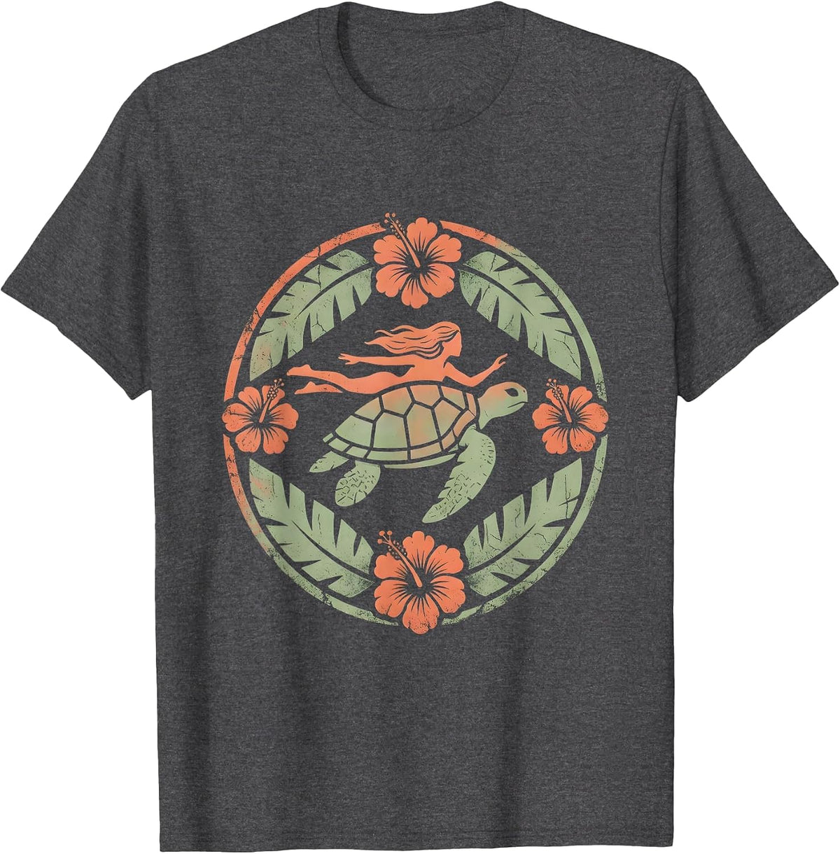 Men's Hawaiian Girl and Sea Turtle Ocean Art Design T-Shirt - Dark Heather Grey